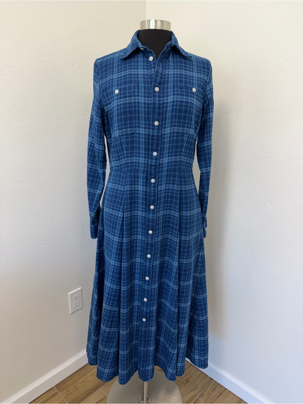 Polo Ralph Lauren Blue Plaid Button-Down Long Sleeve Maxi Shirt Dress Size L - Picture 3 of 15